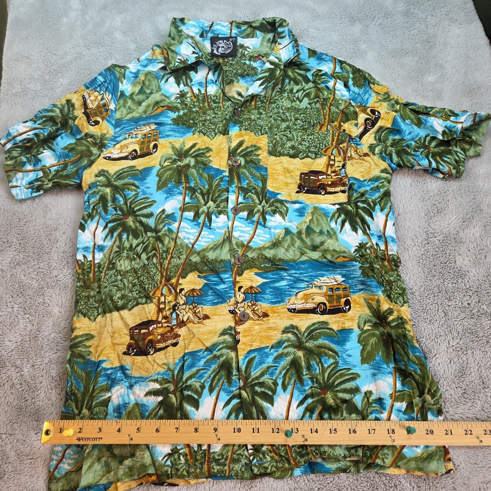 Uluwatu Button Down Shirt Men L Tropical Surf Woody Wagon Beach Scene Rayon Blue